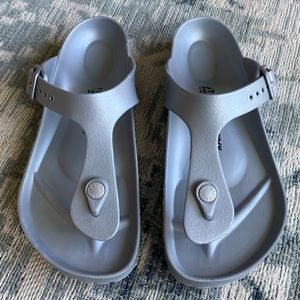 Birkenstock rubber sandals in silver. Size 37, very gently used.